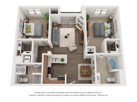 Floor plan for 2 beds, 2 baths, 983 sqft